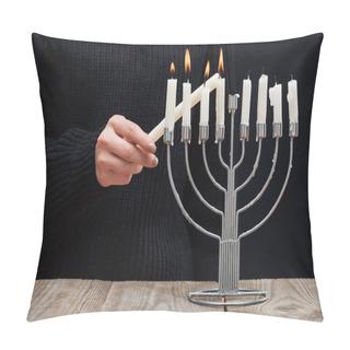 Personality  Partial View Of Woman Lighting Candles On Menorah On Wooden Tabletop On Black Backdrop, Hannukah Holiday Concept Pillow Covers