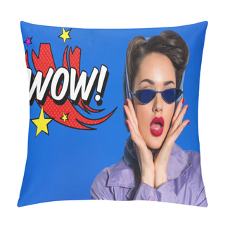 Personality  Portrait Of Stylish Woman In Retro Clothing And Sunglasses With Comic Style Wow Sign Isolated On Blue Pillow Covers