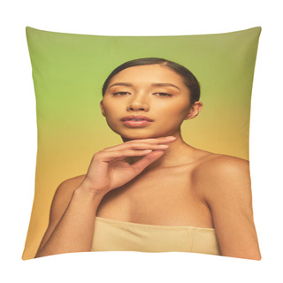 Personality  Beauty And Skin Care, Asian Woman With Brunette Hair And Bare Shoulders Posing On Gradient Background, Green And Orange, Skin Care, Glowing Skin, Natural Beauty, Young Model  Pillow Covers