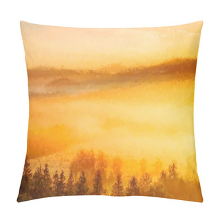 Personality  Watercolor Paint. Paint Effect. Pink Daybreak In Hilly Landcape. Autumn Misty Morning In A Beautiful Hills. Peaks Of Hills In  Fog Pillow Covers