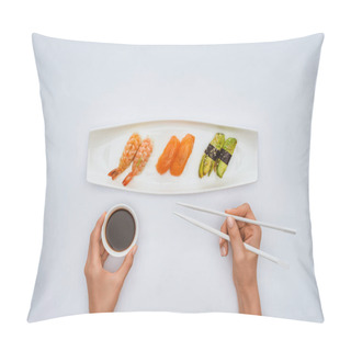 Personality  Cropped Shot Of Person Holding Chopsticks And Bowl With Soy Sauce While Eating Sushi Isolated On White Pillow Covers