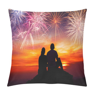 Personality  Happy Couple Sitting On Floor And Watching The Fireworks Pillow Covers