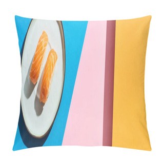 Personality  Top View Of Fresh Nigiri With Salmon On Blue, Pink, Orange Background, Panoramic Shot Pillow Covers