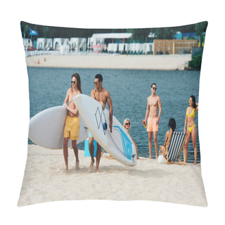 Personality  Handsome, Young Multicultural Men Holding Surfing Boards While Walking On Beach Pillow Covers