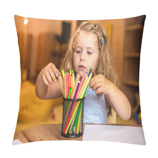 Personality  Adorable Child Choosing Felt Tip Pen For Drawing In Kindergarten Pillow Covers