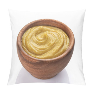 Personality  Mustard Sauce In Wooden Bowl Isolated On White Background Pillow Covers