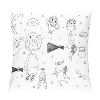 Personality  Hand Drawn Black And White Cute Funny Witch Girls Flying On Broomsticks, Vector, Illustration Pillow Covers