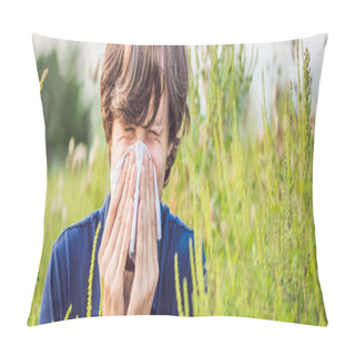 Personality  Young Man Sneezes Because Of An Allergy To Ragweed BANNER, Long Format Pillow Covers