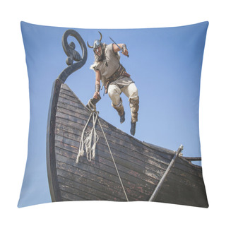 Personality  Strong Viking Jumping From His Ship To Attack Pillow Covers