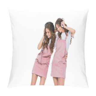 Personality  Smiling Young Twins Listening Music With Headphones Isolated On White Pillow Covers