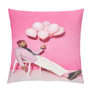 Personality  Handsome Young Male Model Posing Unnaturally With Balloons In Hand On Pink Backdrop, Doll Like Pillow Covers
