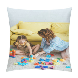 Personality  Young Nanny And Cute Child Playing With Multicolored Building Blocks On Floor Near Yellow Sofa Pillow Covers