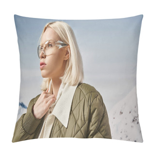 Personality  Beautiful Blonde Woman In Modish Glasses Wearing Warm Jacket And Looking Away, Winter Fashion Pillow Covers
