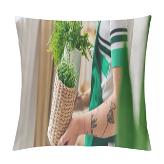 Personality  Indoor Gardening, Partial View Of Young And Tattooed Woman In Apron Holding Flowerpots With Green Decorative Plants In Modern Apartment, Sustainable Home Decor And Green Living Concept, Banner Pillow Covers