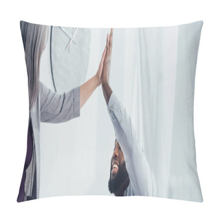 Personality  Panoramic Shot Of Smiling Multicultural Colleagues Giving High Five In Office   Pillow Covers