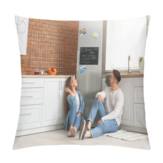 Personality  Happy Couple Sitting On Floor Near Refrigerator In Kitchen Pillow Covers