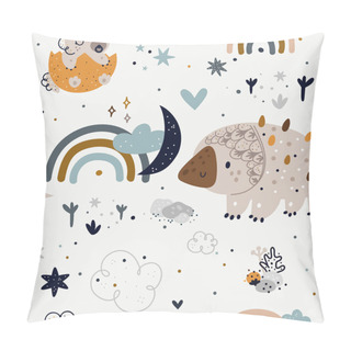 Personality  Seamless Childish Pattern With Cute Dinosaurs, Rainbows, Moons, Stars. Creative Kids Texture For Print, Textile, Wallpaper, Apparel, Fabric, Wrapping. Children Hand Drawn Background In Doodle Style.  Pillow Covers