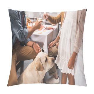 Personality  Partial View Of African American Girl And Golden Retriever Near Family Clinking Wine Glasses During Thanksgiving Dinner Pillow Covers