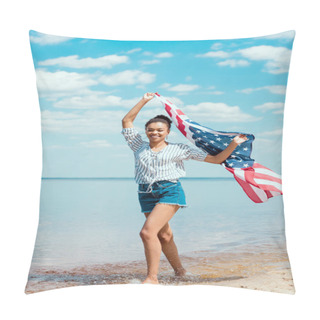 Personality  Smiling African American Woman Running In Sea Water With American Flag, Independence Day Concept Pillow Covers