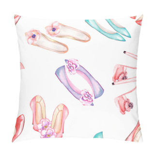 Personality  A Seamless Watercolor Pattern With The Women's Summer Shoes With The Flowers. Pillow Covers