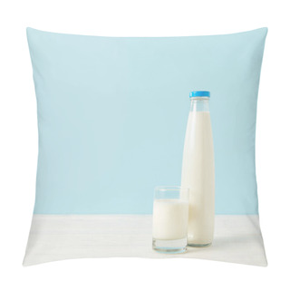 Personality  Closeup Image Of Milk Bottle And Milk Glass On Blue Background  Pillow Covers