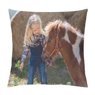 Personality  Happy Kid Standing Near Cute Pony At Farm Pillow Covers