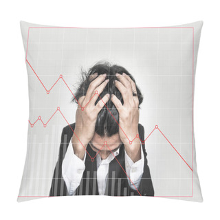 Personality  Stressed Out Businessman, With Downward Business Graphs. Failure Stock Market And Loss Business Investment Profit Concepts Pillow Covers