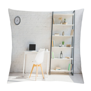Personality  Home Office With Book Shelf, Clock, Chair And Laptop On Table In Sunlight Pillow Covers
