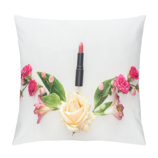 Personality  Top View Of Composition With Alstroemeria, Roses, Berries And Lipstick On White Background Pillow Covers