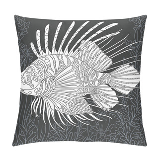 Personality  Lion-fish Drawn In Line Art Style. Ocean Background In Black And White Colors On Chalkboard. Coloring Book. Coloring Page. Zentangle Vector Illustration. Pillow Covers