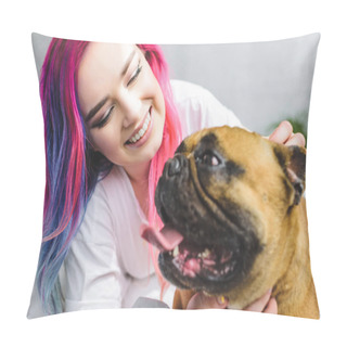 Personality  Selective Focus Of Happy Girl With Colorful Hair Laying With French Bulldog In Bed  Pillow Covers