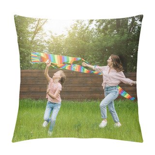 Personality  Happy Mother With Outstretched Hands Near Cute Kid With Colorful Kite  Pillow Covers
