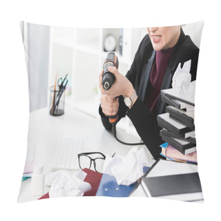 Personality  Cropped Image Of Aggressive Businesswoman Holding Electric Drill In Office Pillow Covers