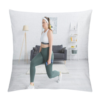 Personality  Brunette Woman With Overweight Doing Lunges With Dumbbell At Home  Pillow Covers