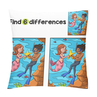 Personality  Find Or Spot The Differences On This Mermaid And A Diver Holding A Star Kids Activity Page. A Funny And Educational Puzzle-matching Game For Children. Pillow Covers