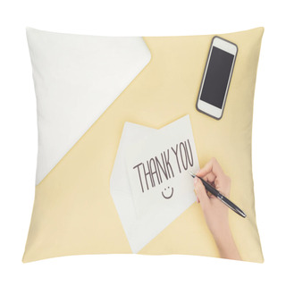 Personality Cropped Person Holding Pen Above White Postcard With Thank You Lettering, Smartphone And Laptop Isolated On Yellow Background Pillow Covers