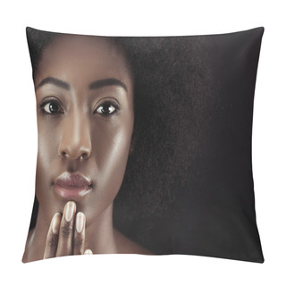 Personality  Close-up Portrait Of Attractive African American Woman Isolated On Black Pillow Covers