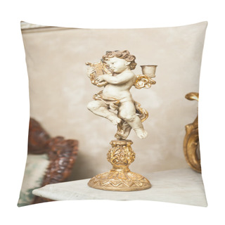 Personality  Angel With Lyre Ornament. Golden Ornament. Vintage Angel. Ceramic Angel Playing Harp. Cupid As Candle Holder On Marble Support, Pillow Covers
