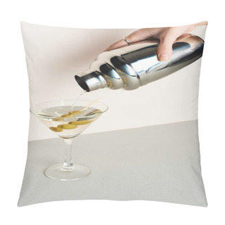 Personality  Cropped View Of Woman Pouring Martini From Shaker In Glass With Olives Pillow Covers