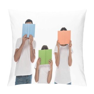 Personality  Family Covering Faces With Books Isolated On White  Pillow Covers