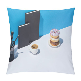 Personality  Tasty Donuts, Coffee Cup, Pencil Holder And Notebooks On White Desk And Blue Background Pillow Covers