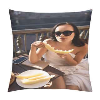 Personality  Sexy Brunette Woman In Sunglasses And Covered In White Sheet Eating Melon On Balcony Pillow Covers