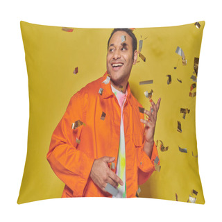 Personality  Happy Indian Man In Bright Orange Jacket Smiling Near Falling Confetti On Yellow Backdrop, Party Pillow Covers