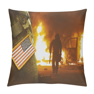 Personality  US Soldier And Silhouette Of A Man Front Of The Burning Car. Unrest, Anti-government, Collage.  Pillow Covers