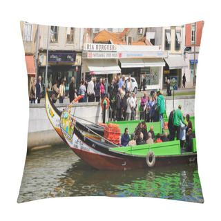 Personality  AVEIRO, PORTUGAL - APRIL 27, 2015: Senior Tourists Take A Cruise In Moliceiro Boats. These Traditional Colorful Half-moon Shaped Boats Depicting Romantic, Religious Historical Or Humorous Scenes. Pillow Covers