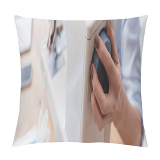 Personality  Cropped View Of Seamstress Adjusting Sewing Machine Near Blurred Medical Masks, Banner  Pillow Covers