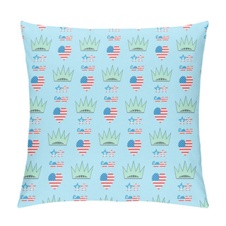 Personality  Seamless Background Pattern With Hearts, Mustache And Glasses Made Of Us National Flags And Crowns On Blue, Independence Day Concept Pillow Covers