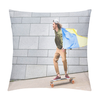 Personality  Happy Man In Casual Wear And Ukrainian Flag Riding On Skateboard Pillow Covers