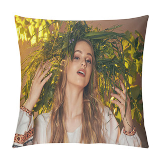 Personality  A Young Woman With Flowing Hair In A White Shirt, Exuding An Ethereal Presence In A Fairy And Fantasy-inspired Studio Setting. Pillow Covers