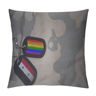 Personality  Army Blank, Dog Tag With Flag Of Syria And Gay Rainbow Flag On The Khaki Texture Background. Military Concept Pillow Covers